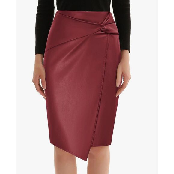 NWT KATE KASIN Faux-Leather Red Knot-Front Wrap Pencil Skirt Women's Size Small - Picture 1 of 5